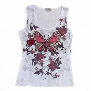 White Tank Top with Butterfly and Rose Design